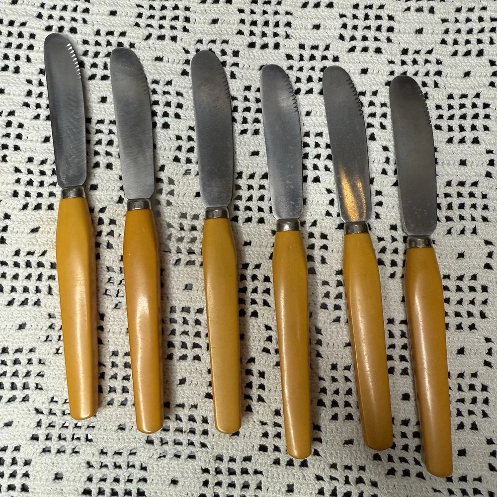 Vintage 1940s Pahl Rostfrei Germany Butterscotch Bakelite Fruit Knives Set of 6